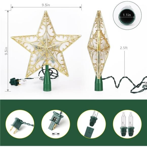 Gold Christmas Tree Topper Star Lights 9.5 Inch 3D Double Sided Xmas Decor - Picture 2 of 7